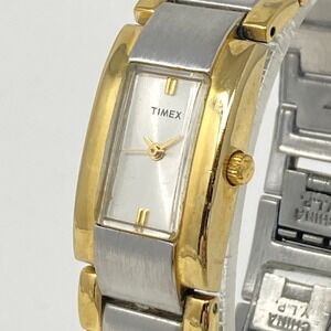Vintage Timex Tank Watch Women 18mm Silver Gold Two Tone New Battery 6.5" 2002